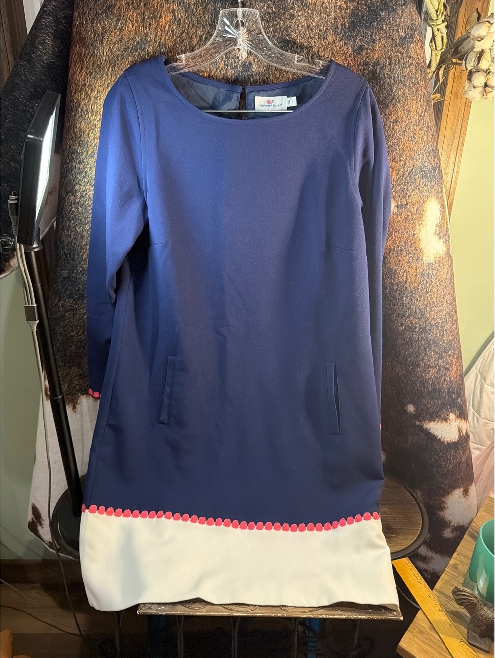 Vineyard Vines Navy Blue and White Shift Dress with Pink Trim, Size Small
